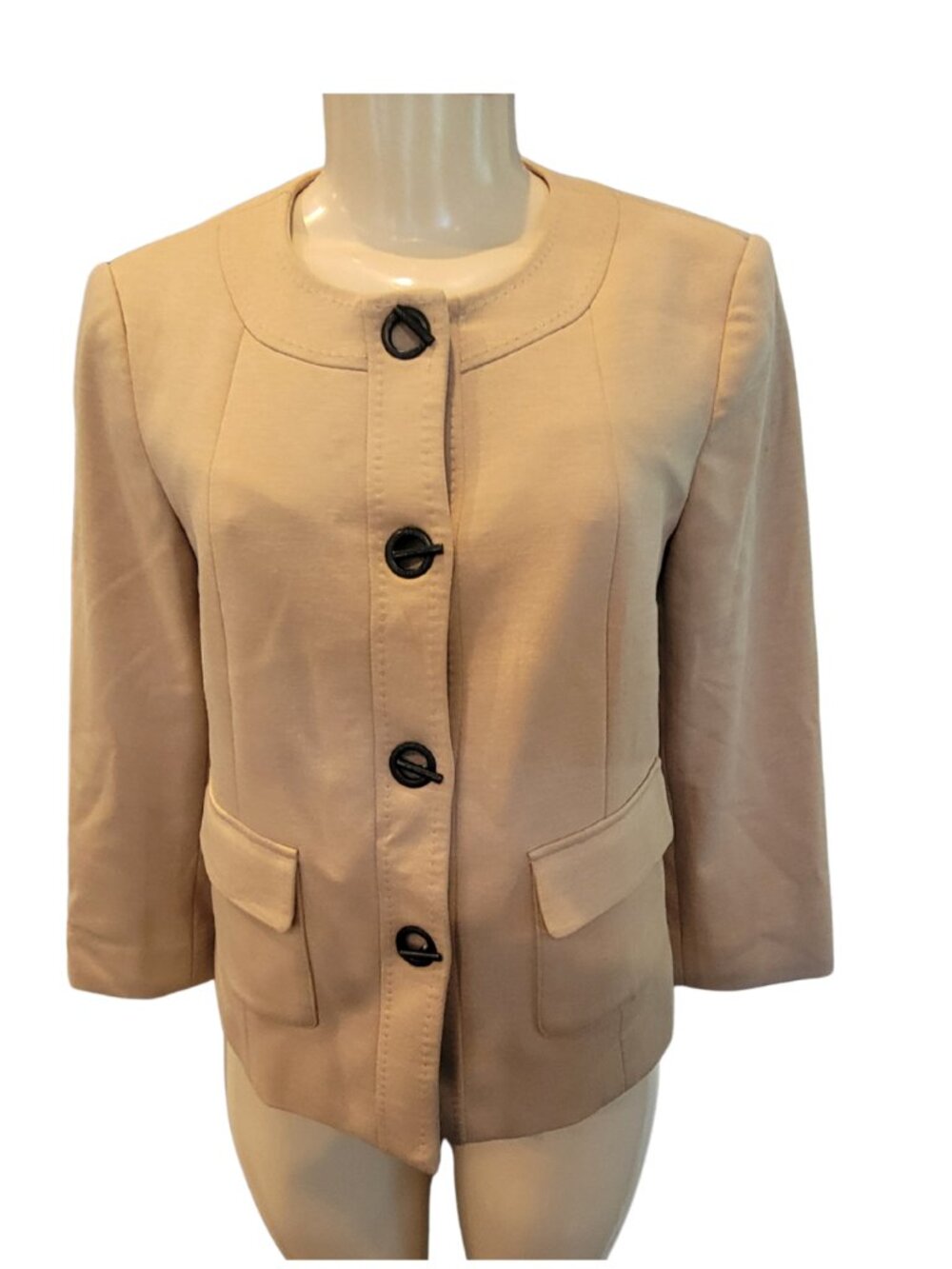Calvin Klein Knit 3/4 Sleeve Blazer Beige Toggle Jacket Pockets Stretch Career - Picture 1 of 11